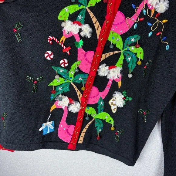Berek Rare Vintage Tropical Flamingo Christmas Cardigan Sweater M Beaded Sequins - Picture 6 of 12